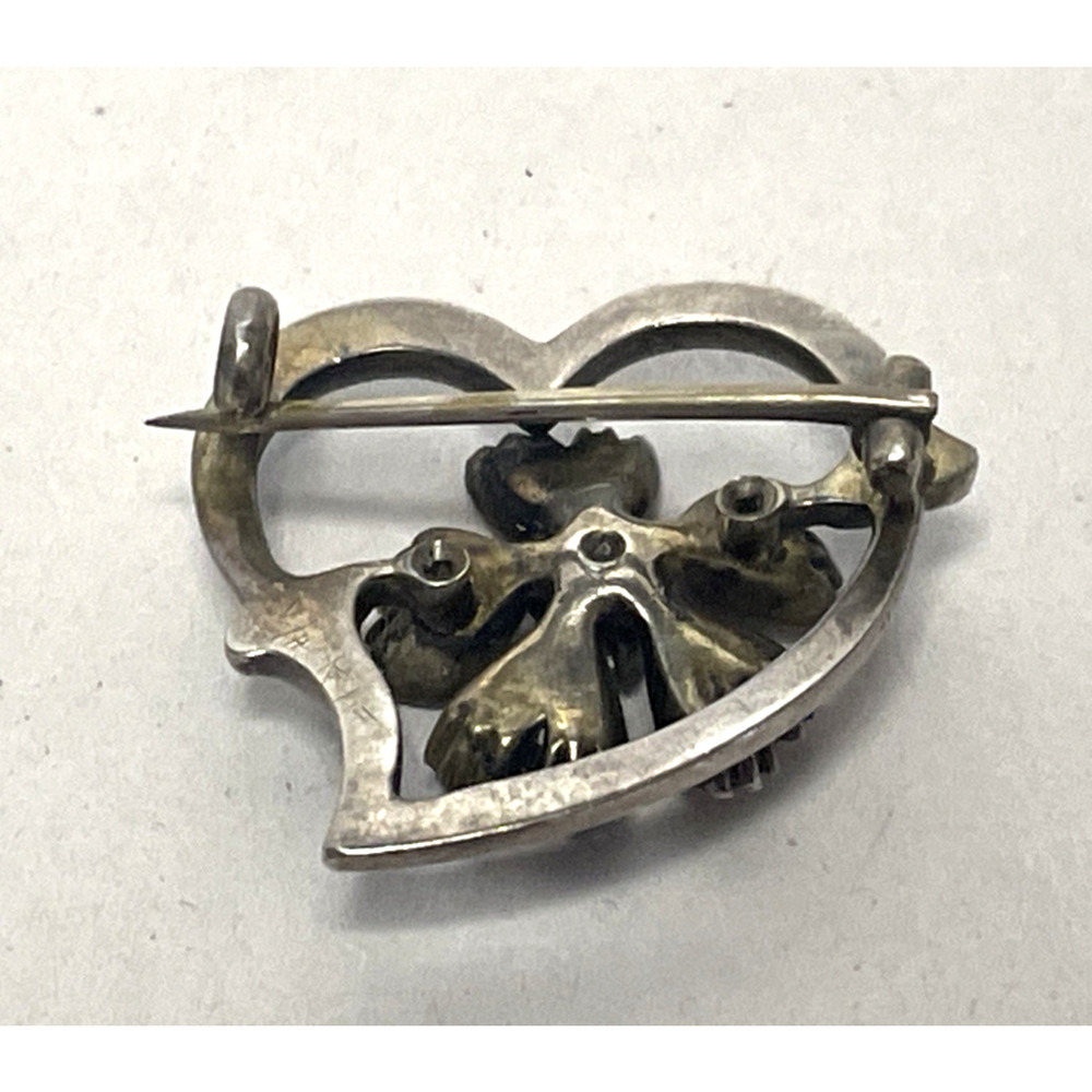 VTG Blue Guilloche Enamel Rhinestone Heart Flower Brooch Pin 1" Antique Style - Picture 5 of 12